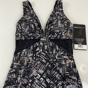 MIRACLESUIT Twist of Fate 1 PC V Neck Mesh Cut‎ Out Geometric Swimsuit Sz 8 NEW